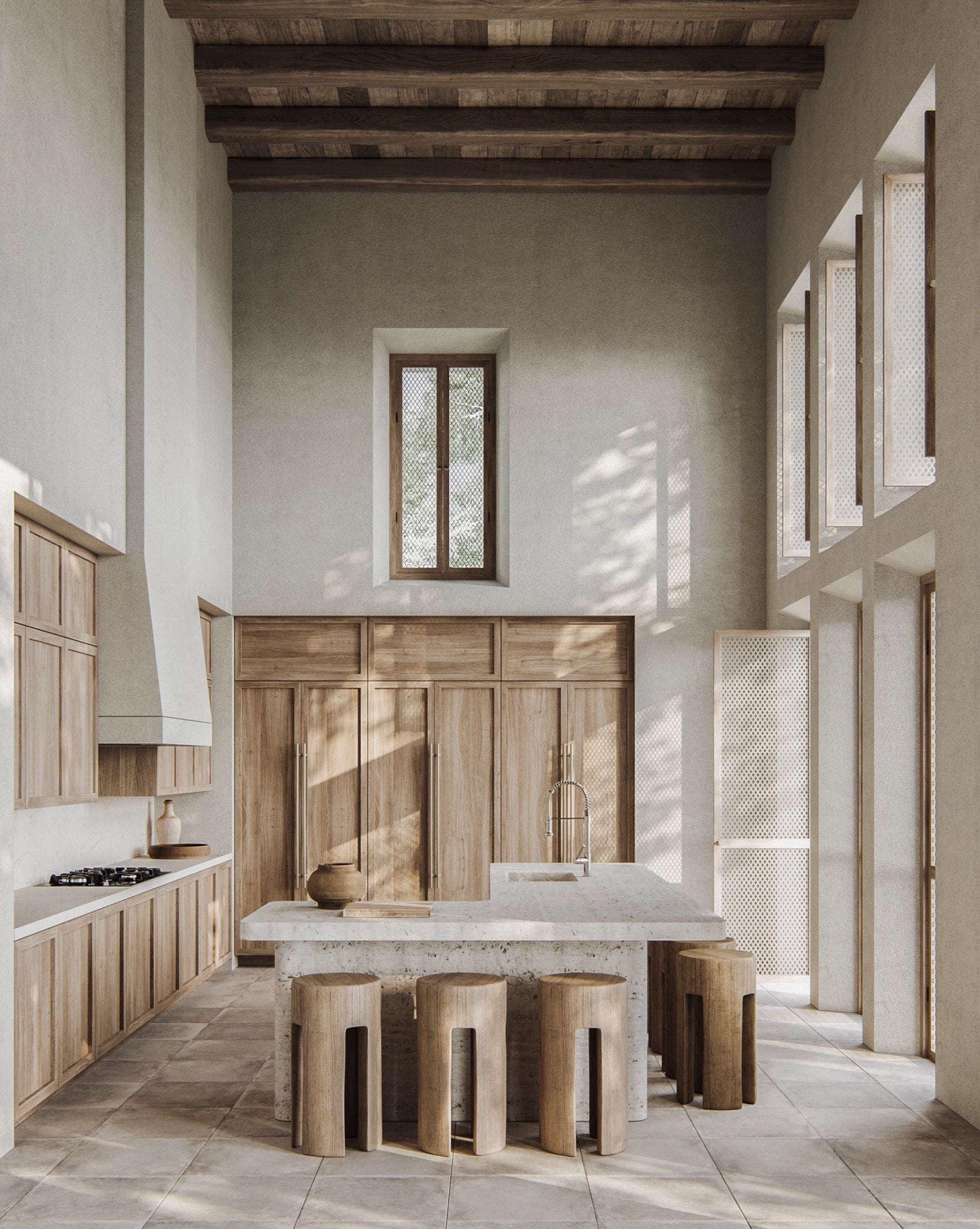 Limewashed paint in large kitchen showcasing a nice textured look next to wood 