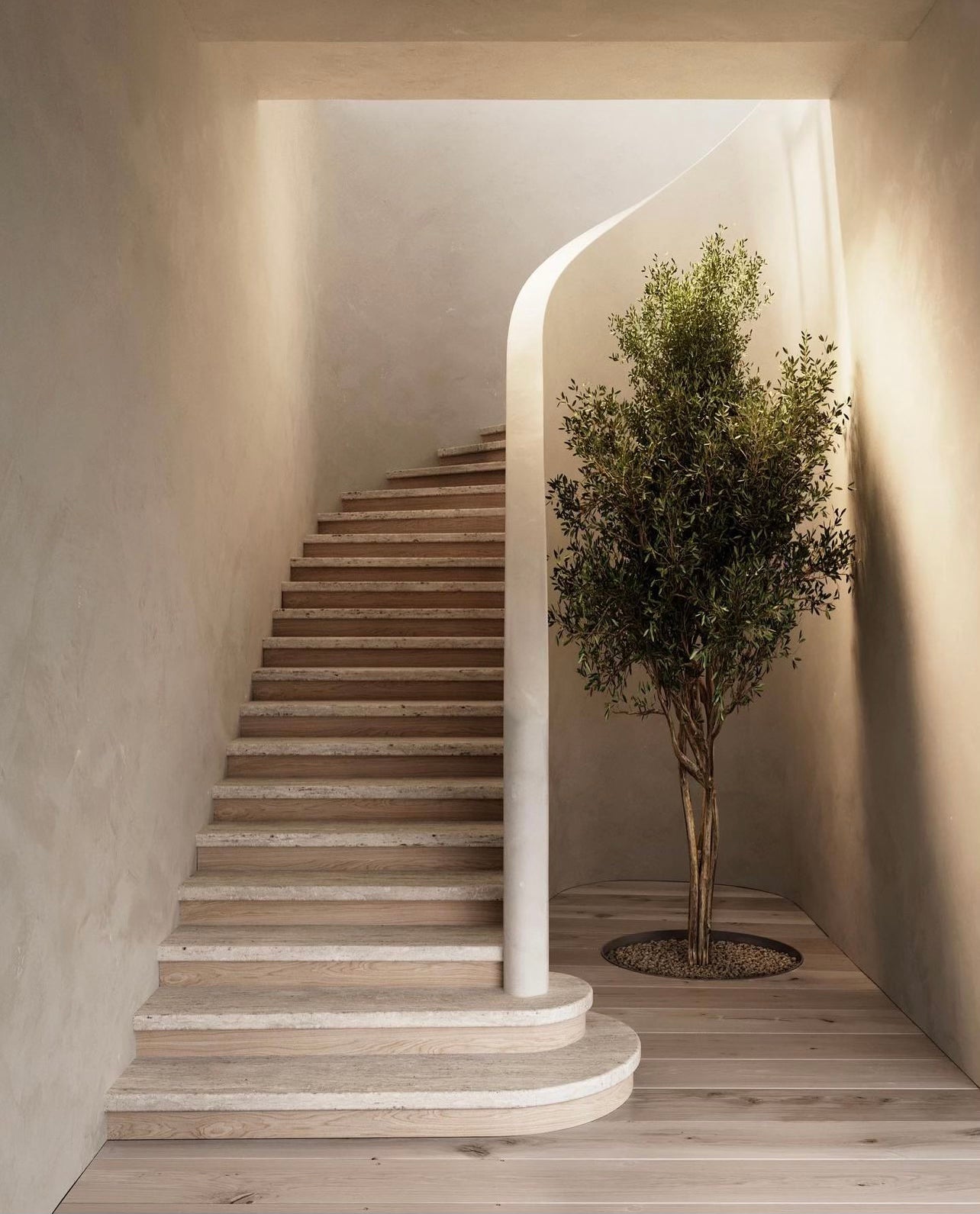 Limewashed walls showing off amazing textures on a stairway next to a tree