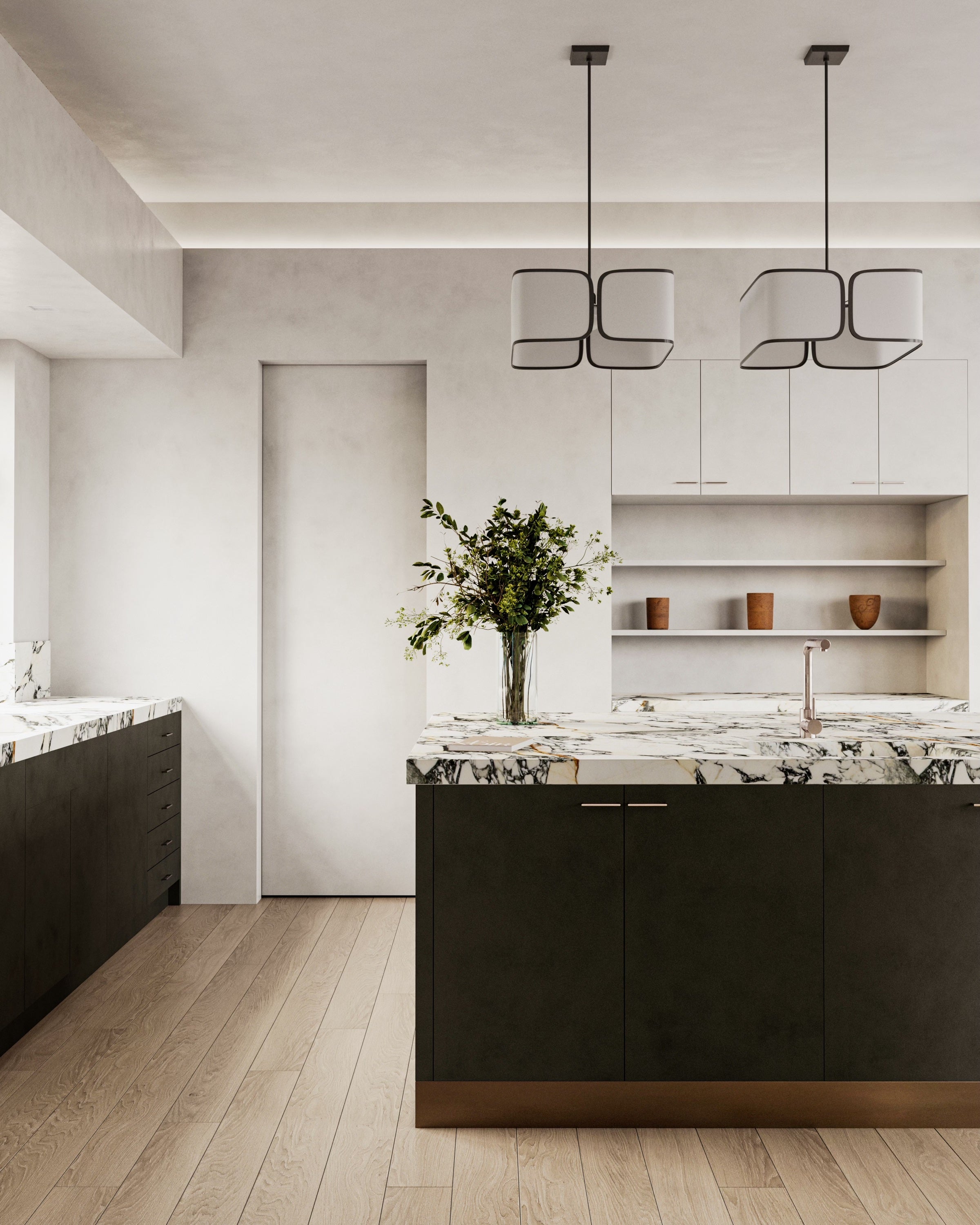 Light kitchen complimented with dark wood and walls painted with limewash paint