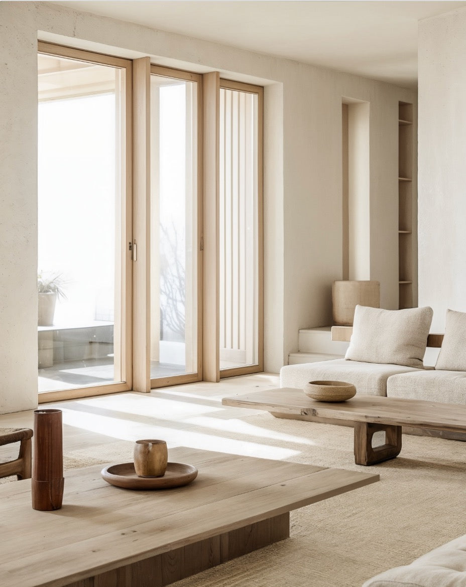 Light and airy living room painted using Limewash Velvet Wall Paint 502 that compliments the natural wood tones and textures