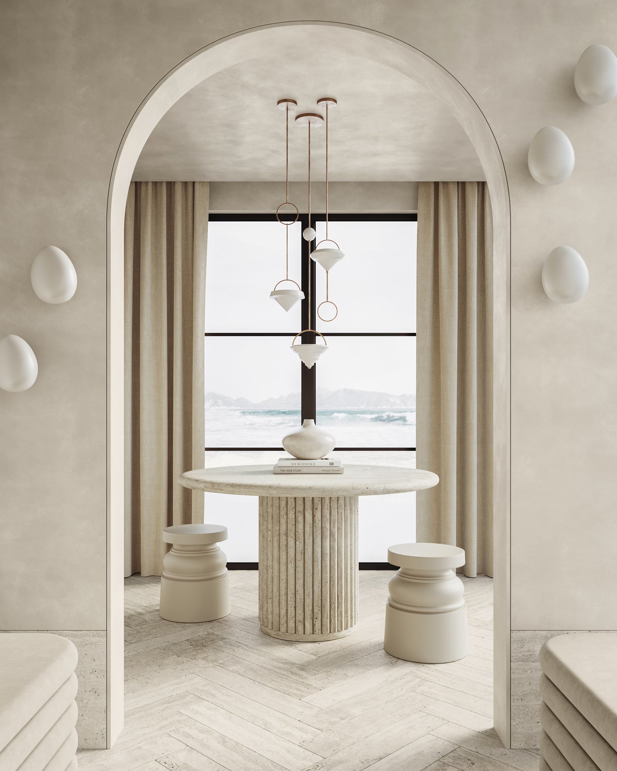 Looking through a doorway at a table and chairs in front of a window. Walls painted using limewash paint. 